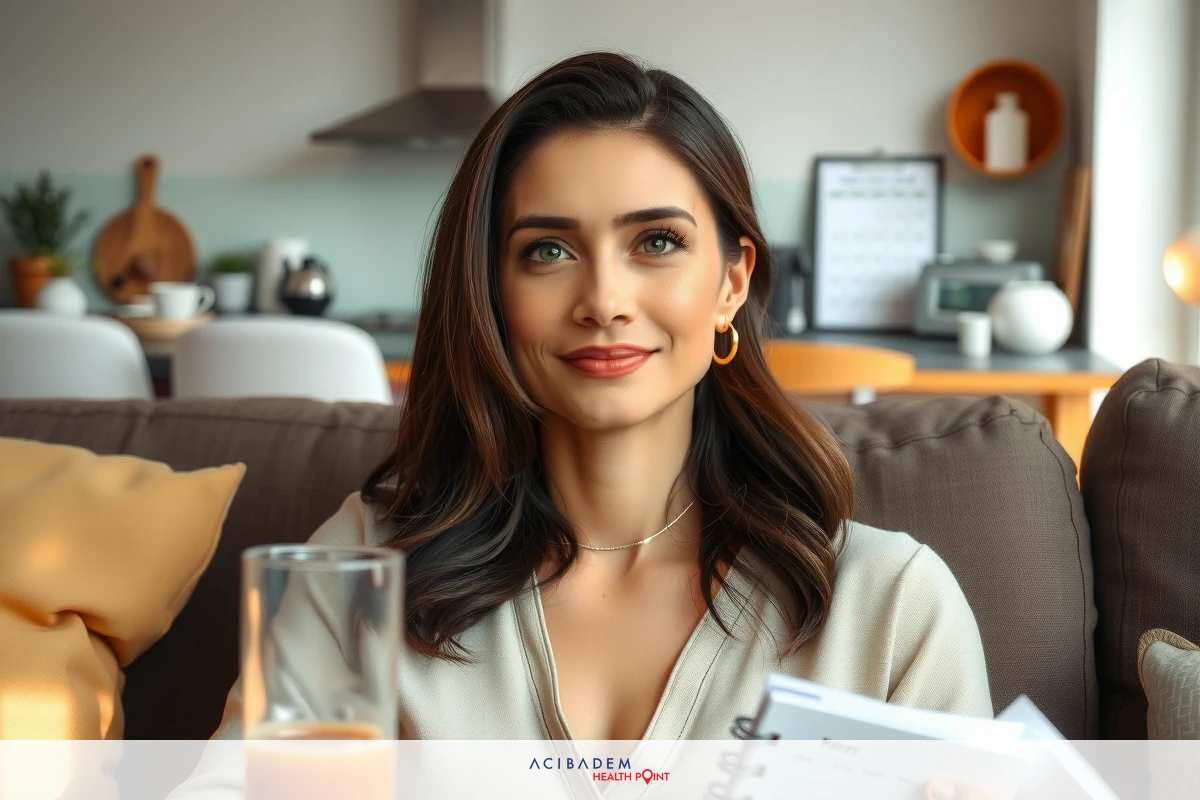 A woman seated on a couch, holding a glass of orange juice, with papers in her lap and a smile on her face. She is stylishly dressed in a blouse and has a modern kitchen setting with wooden floors and contemporary furnishings in the background.