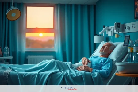 In the image, a man is lying in a hospital bed. The room has a calming blue color scheme, with large windows that let in soft light from the setting sun. The overall atmosphere suggests a peaceful moment of healing or recovery.