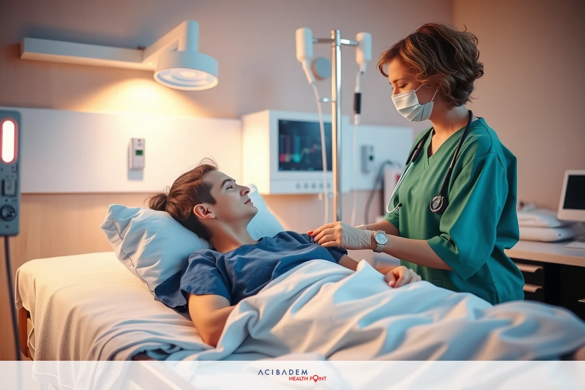 The image depicts a medical setting with an attending doctor and a patient in a hospital bed. The focus is on the interaction between the two figures, likely discussing or providing information regarding medical treatment. The room has clinical lighting and equipment typical of a hospital environment, suggesting that it is a professional healthcare facility.