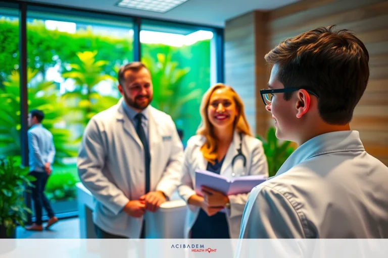 A group of professionals in white coats, standing in a modern office environment. One person is looking towards the camera while others engage with each other. The atmosphere suggests a professional gathering or meeting.