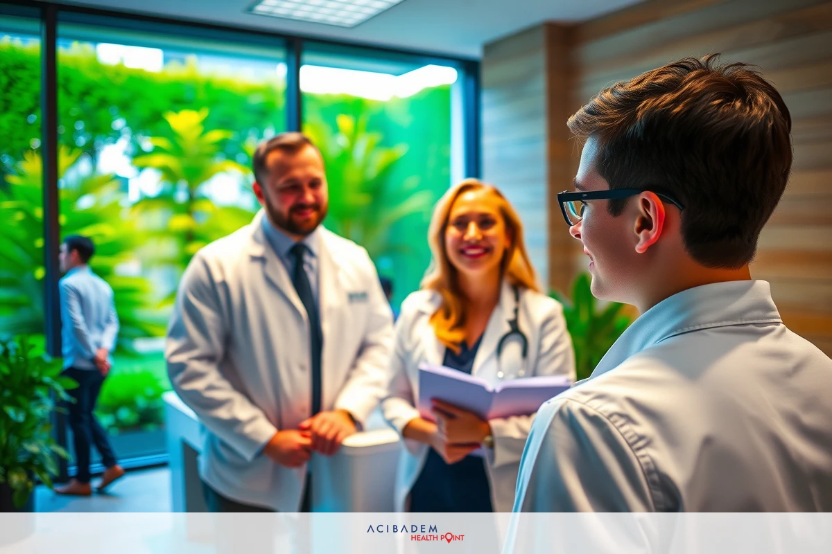 A group of professionals in white coats, standing in a modern office environment. One person is looking towards the camera while others engage with each other. The atmosphere suggests a professional gathering or meeting.