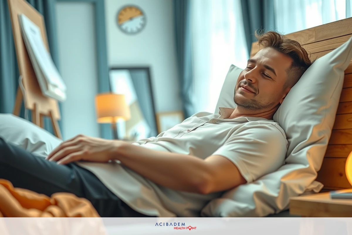 Man laying on bed with eyes closed, possibly asleep. Comfortable setting with dark wall and warm lighting. No visible action or activity.