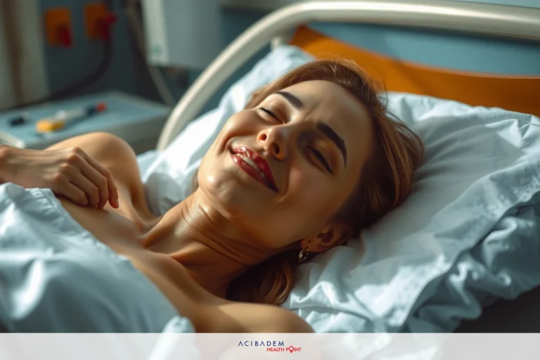 A woman smiling from a hospital bed. She is covered with blankets and appears comfortable, suggesting she may be near recovery or in the midst of a medical treatment.