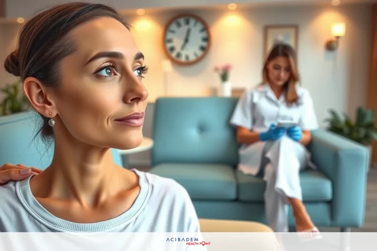 How Much Does Non Surgical Rhinoplasty Cost UK? The image shows an interior space that appears to be a clinic or healthcare setting. There are two people in the room, one seated on a couch and another standing in front of her.