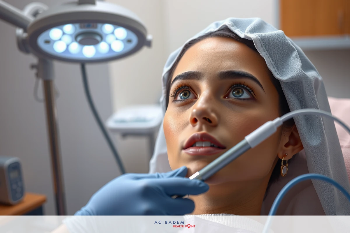 The image features a woman seated under a medical examination light. She appears to be receiving treatment, possibly involving anesthesia or sedation. The setting suggests a professional healthcare environment.