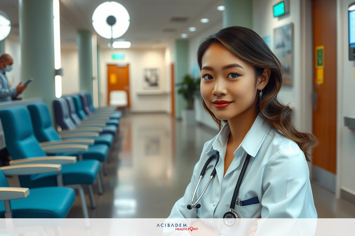 The image depicts a woman wearing a blue coat and standing in what appears to be a medical facility. She is positioned centrally and looks towards the camera with a slight smile.