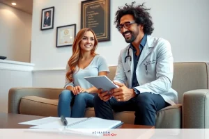 The image depicts an indoor scene with two individuals seated on a couch. One individual appears to be wearing a white lab coat, which signifies they might be a medical professional such as a doctor or physician. The other person is also dressed casually and smiling at the medical professional. They are both engaged in what seems to be a consultation or conversation.
