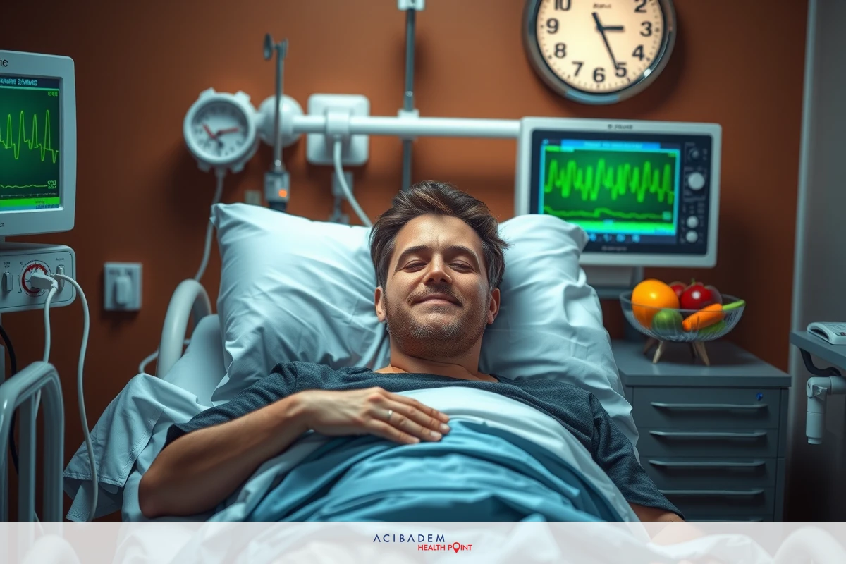 Man lying in a hospital bed with medical equipment surrounding him, including monitors. Smiling and looking directly on the camera.