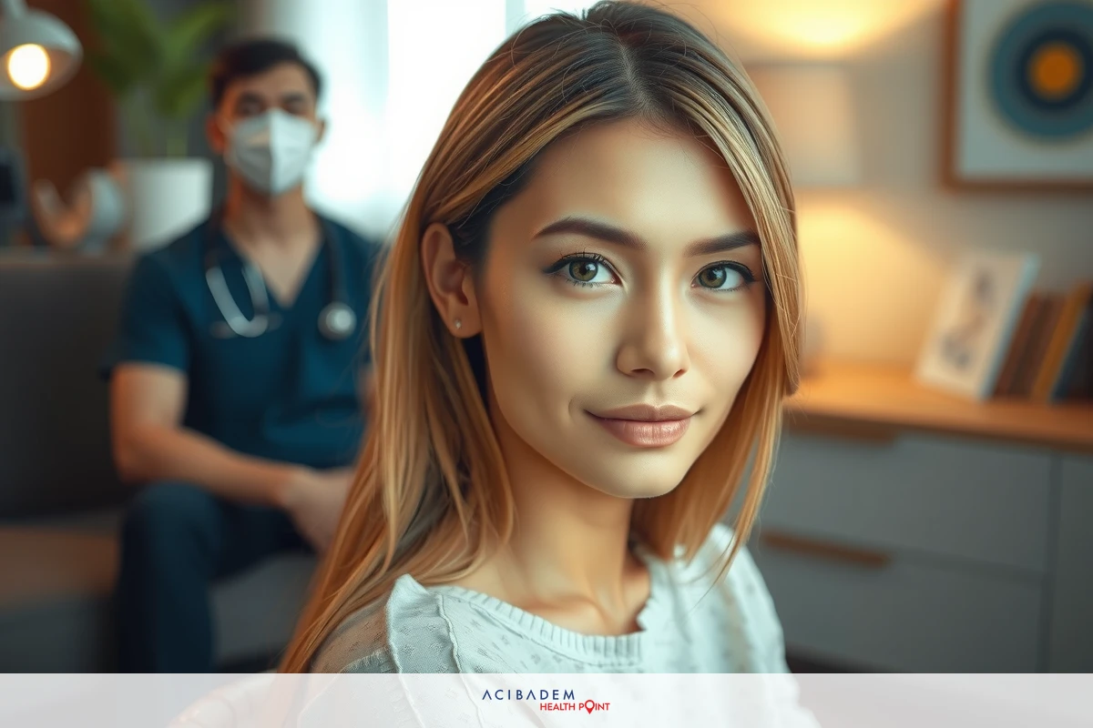 The image depicts an intimate scene with a young woman in the foreground looking towards her right, exuding confidence. Behind her, a healthcare professional is seated to her left, wearing medical scrubs and a surgical mask, suggesting a clinical or medical setting.