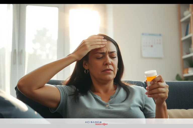 The image shows a woman in a gray shirt sitting on a couch, holding a glass of water and a pill bottle. She has her hand to her forehead, looking concerned or distressed. There is a bookshelf in the background.