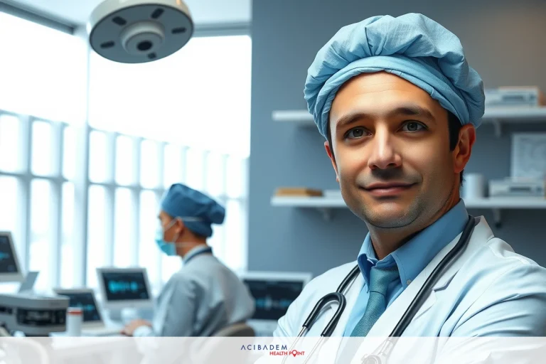 Two medical professionals in a modern hospital setting. One man wearing surgical scrubs and a mask, working on computer screen. The other man in a white lab coat with a stethoscope around his neck.