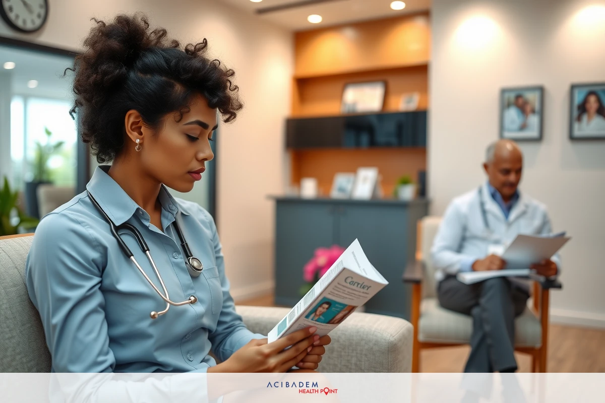 A female doctor is sitting on a sofa and reading a book. Another doctor is sitting in a chair in the background, holding papers. They are likely interacting and the setting resembles a medical healthcare environment.