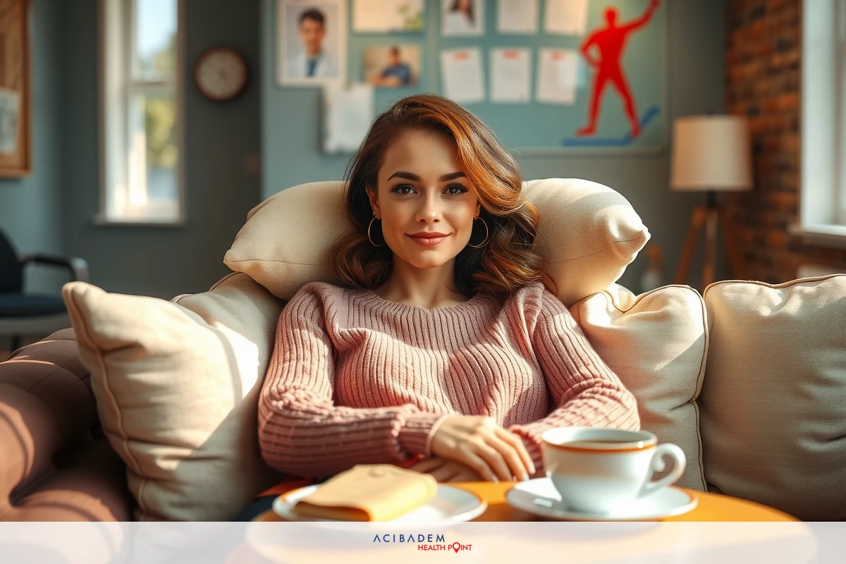 The image portrays a woman seated comfortably in an indoor setting. She is wearing a pink sweater and seems relaxed, possibly enjoying a cup of coffee or tea. Her surroundings suggest a modern and cozy environment with neutral tones and natural light coming through the windows.