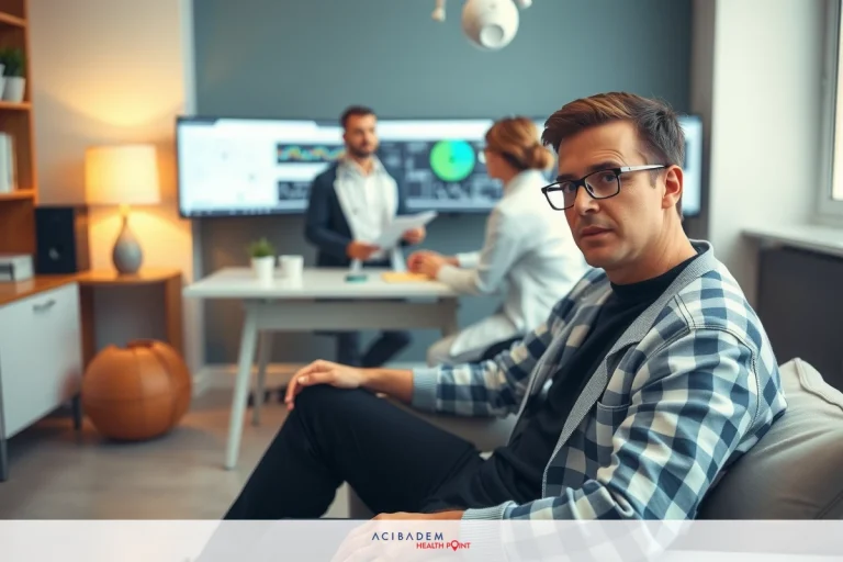 Can You Get LASIK If Your Eyes Are Really Bad? The image shows an office setting with a man seated at a table in front of a large screen displaying charts and graphs. He is wearing glasses and appears to be in deep thought or waiting for information on the screen.
