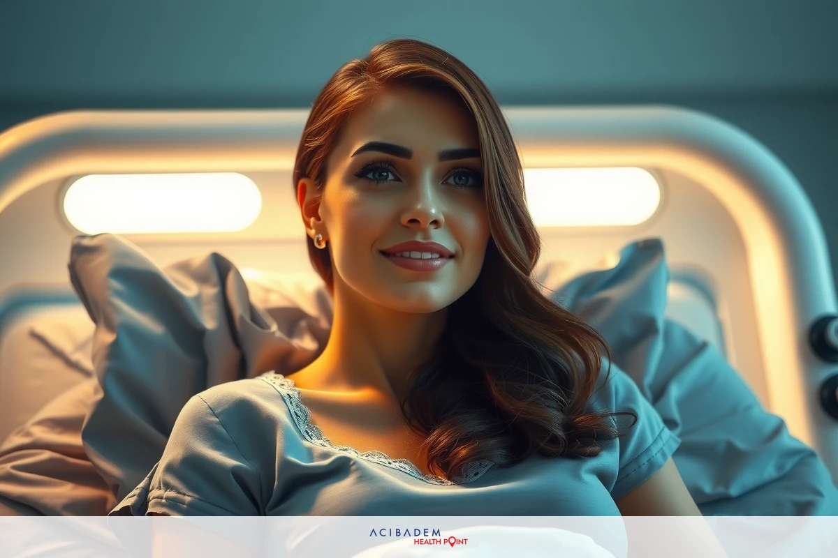 The image shows a woman lying in a hospital bed. She is smiling and appears to be in good spirits, suggesting she may be recovering from an illness or injury. The hospital environment has modern technology and sleek design elements.