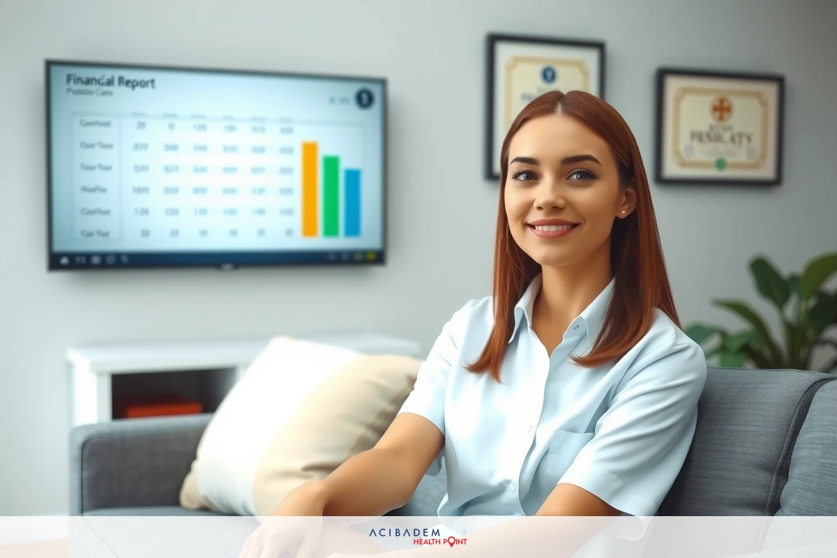 The image features a woman seated comfortably on a couch in what appears to be an office or study environment.On the back wall is a monitor that displays financial data such as graphs and percentages, showing its role in business analytics or management. The room has modern decor with framed certificates on the wall, suggesting a setting of professional accomplishment or learning. The color palette is calm and corporate, emphasizing the serious nature of the subject matter.