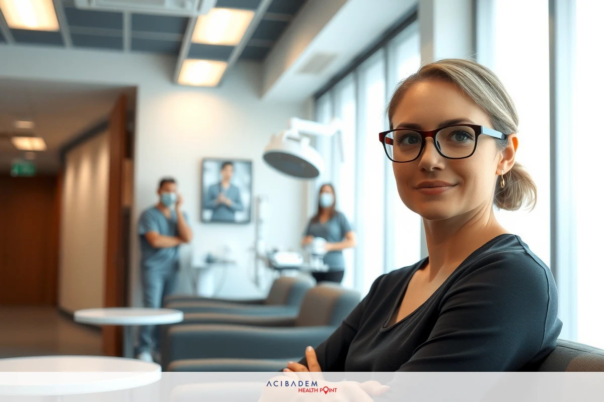 This is a professional photograph of a woman seated in an office environment. She is wearing glasses and appears to be focused on her work. In the background, there are other individuals who seem to be engaged in their tasks as well.