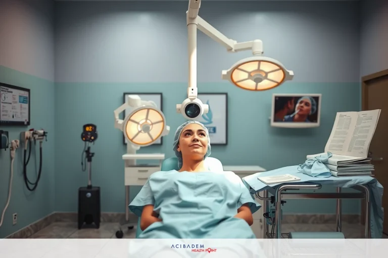 A hospital clinical room with medical equipment. The woman lies in her bed and is waiting for treatment. Blue walls and white luminaires can be seen.