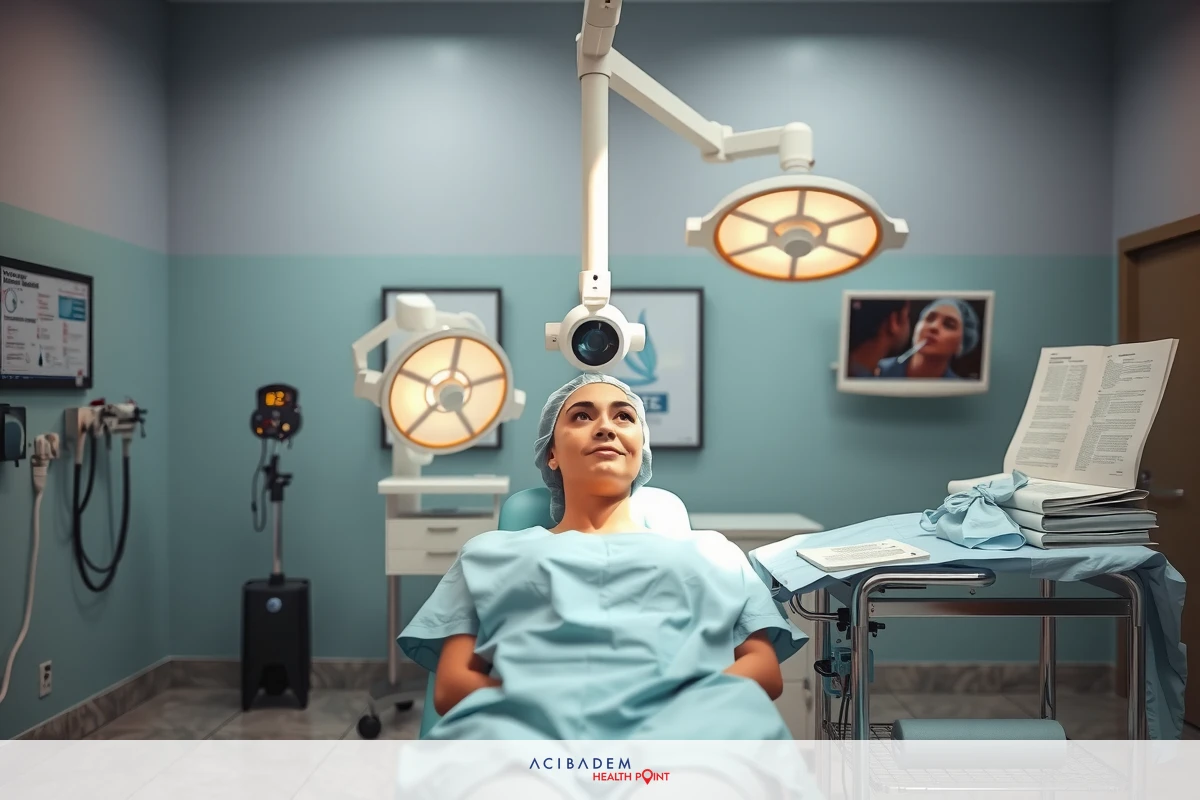 A hospital clinical room with medical equipment. The woman lies in her bed and is waiting for treatment. Blue walls and white luminaires can be seen.