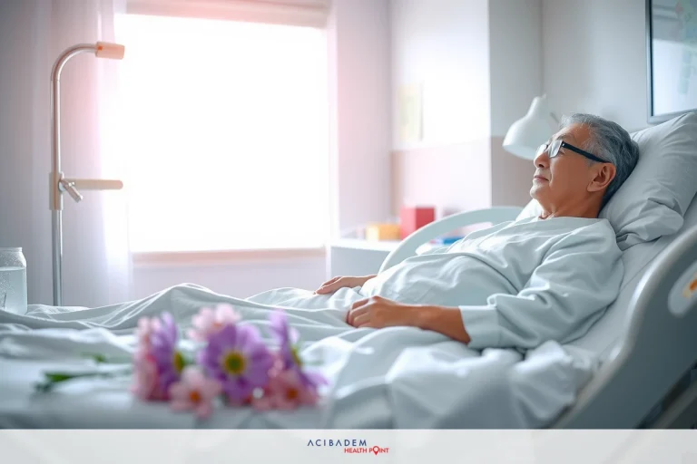 The image features a hospitalized elderly man in a white gown and glasses. He is lying on a bed in a hospital room with a view of daylight from an open window, suggesting it might be morning or afternoon. On the table next to him are some pink flowers, possibly as a gesture of care or for decoration. The environment is clean and clinical, typical of medical facilities.