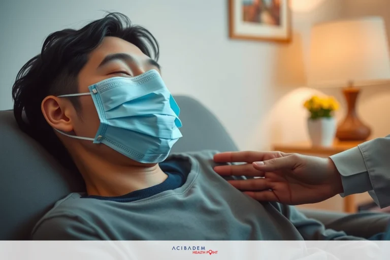 Can I Use Eye Drops With Preservatives After Lasik Medical scene with patient wearing a blue medical mask and being examined by a healthcare professional. The patient is lying down, facing the camera, while the healthcare provider, standing behind him.