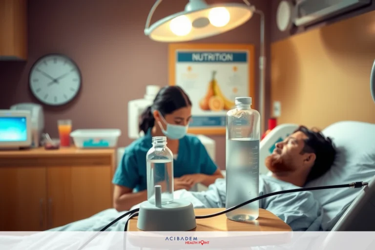 A man is in bed, hooked up to medical equipment. A woman in an operating room gown stands next to him, possibly assessing his condition or preparing for treatment.