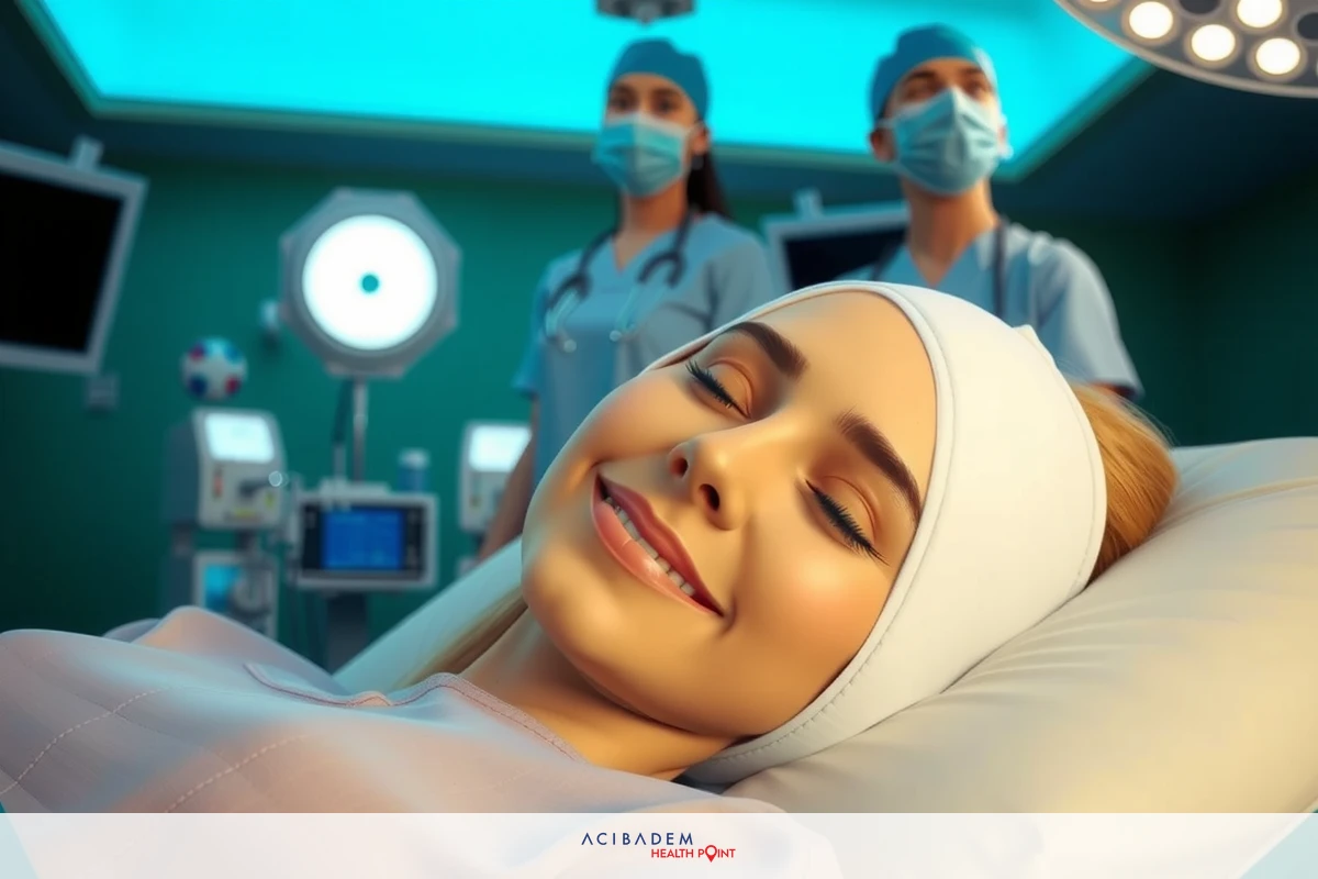 The image depicts a smiling woman lying in a hospital bed with her eyes closed. There are medical professionals standing over her, attending to her care. The room appears to be a modern healthcare facility with equipment visible around the bed.