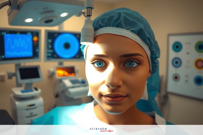 The image depicts a young woman dressed as a surgeon in an operating room. She is wearing medical scrubs, a surgical mask, and has her hair styled back to show the environment around her clearly.