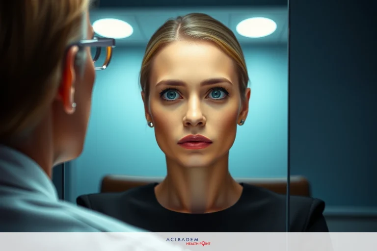 Can Rhinoplasty Cause a Deviated Septum? This image depicts a scene in what appears to be a medical or cosmetic setting. On the left side, there's a person wearing glasses and looking at a woman with blond hair sitting across from them. The woman is looking down and has an unflattering, distorted reflection in front of her, indicating that she might have undergone a cosmetic procedure.