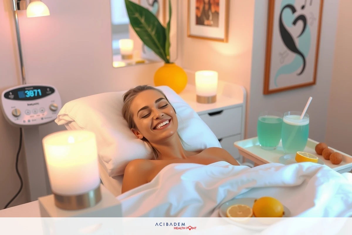 The image depicts a woman lying on her back in a hospital-like setting, her eyes closed and a relaxed expression. She is partially clothed and has a drink on a table next to her bed. The room is dimly lit.
