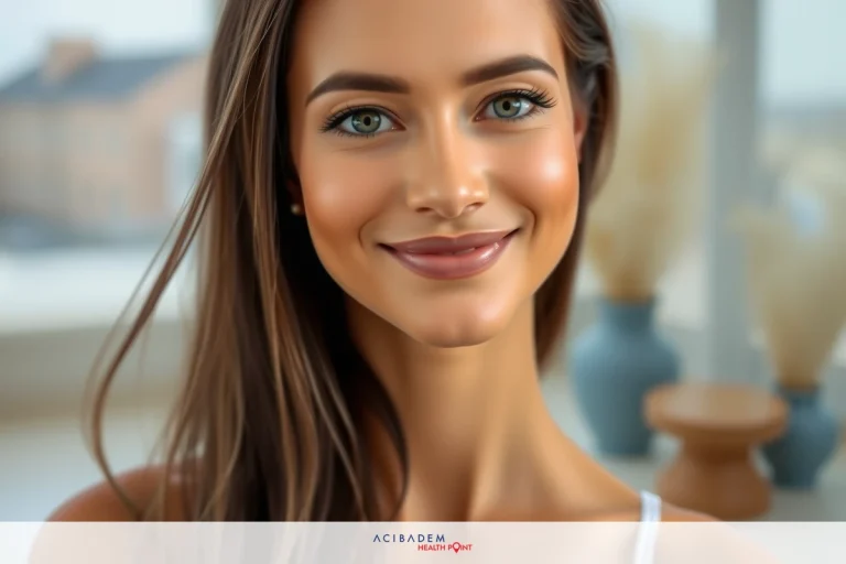 Plastic Surgery Las Vegas BBL A woman with a bright smile is featured in the image. She has long hair and is wearing makeup, including eye shadow and lipstick. The background suggests an indoor setting with natural light coming through a window.