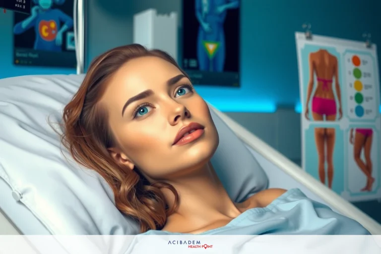 A young woman lying on a hospital bed, with medical equipment and anatomical posters in the background. Her expression is calm, suggesting she might be undergoing a routine procedure.