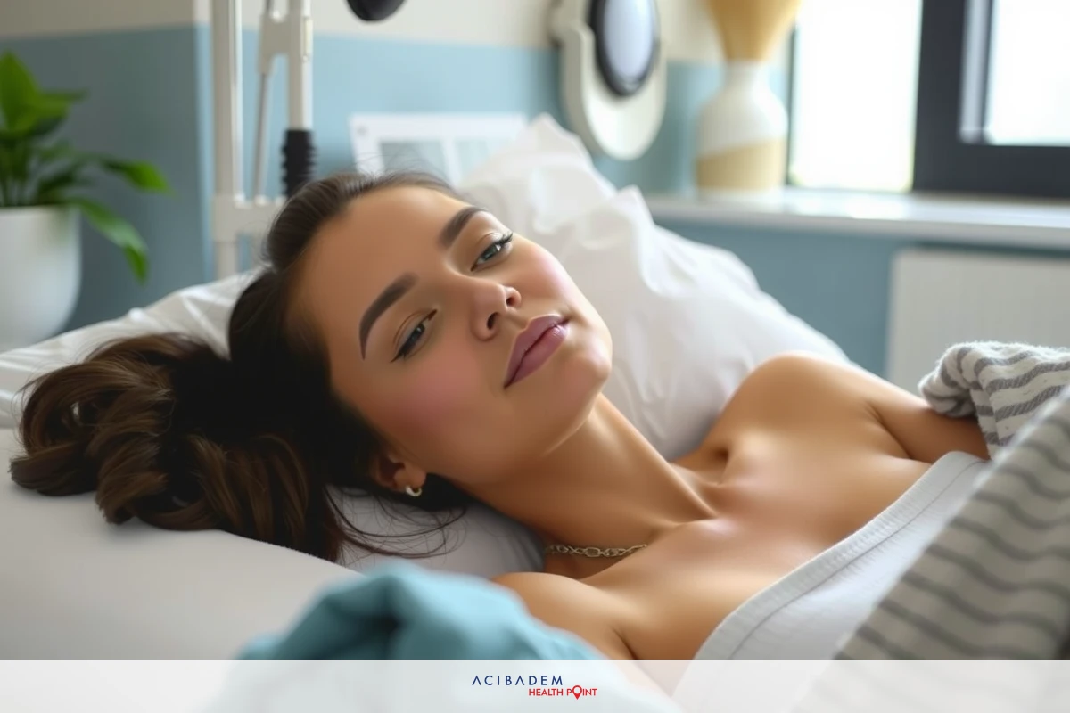 The image depicts a woman lying in a hospital bed, looking towards the camera with a calm expression. She has dark hair and is wearing what appears to be a light-colored top. The room has a soothing ambiance with soft lighting and a white wall.