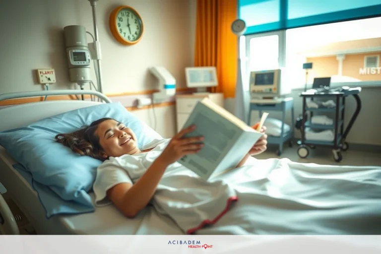 How Long is the BBL Surgery? This image captures a woman in a hospital bed, reading a book with a warm smile on her face. The room is well-lit and the atmosphere appears calm and positive.