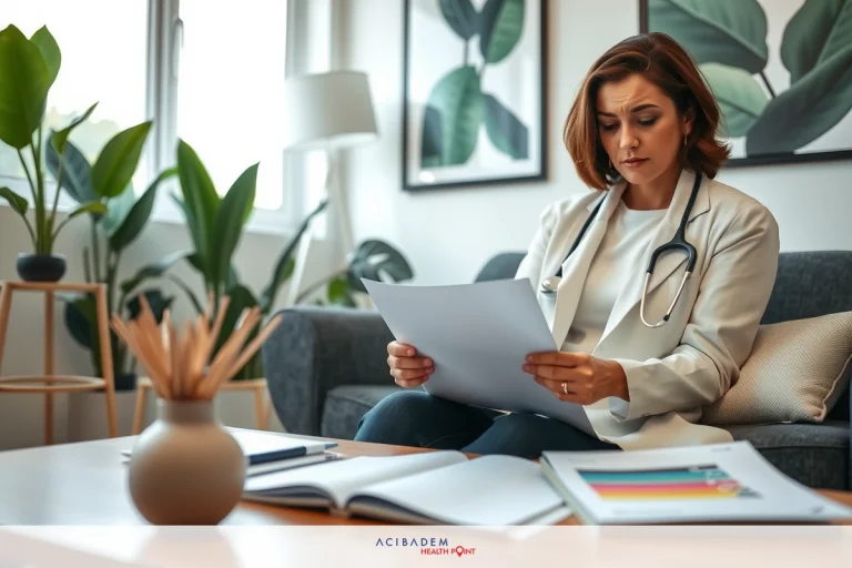 A professional female doctor is seated at a desk with papers, wearing a white coat, indicating her role as a medical practitioner. The setting appears to be an office environment, and the colors are muted with a focus on whites and greens, which contributes to the clinical atmosphere.