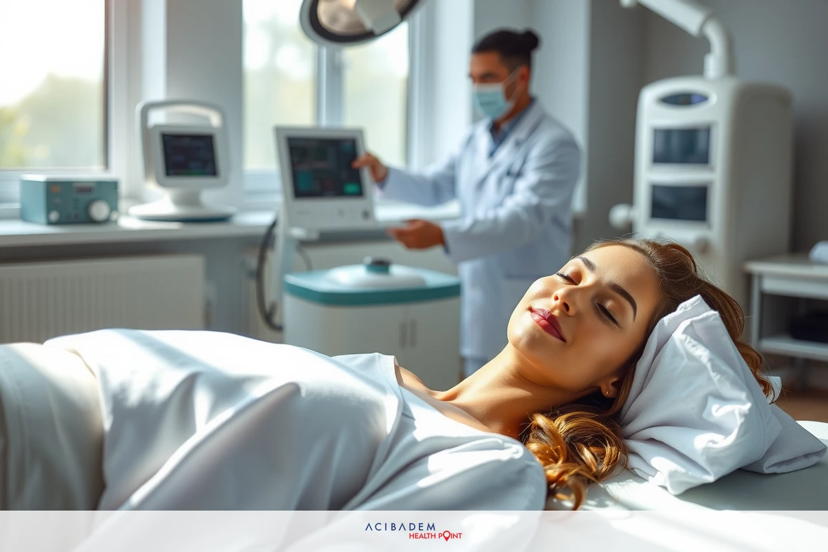The image depicts a woman lying on a medical examination table, likely in a hospital setting. She appears relaxed with her head turned towards a healthcare professional standing at the side of the bed.