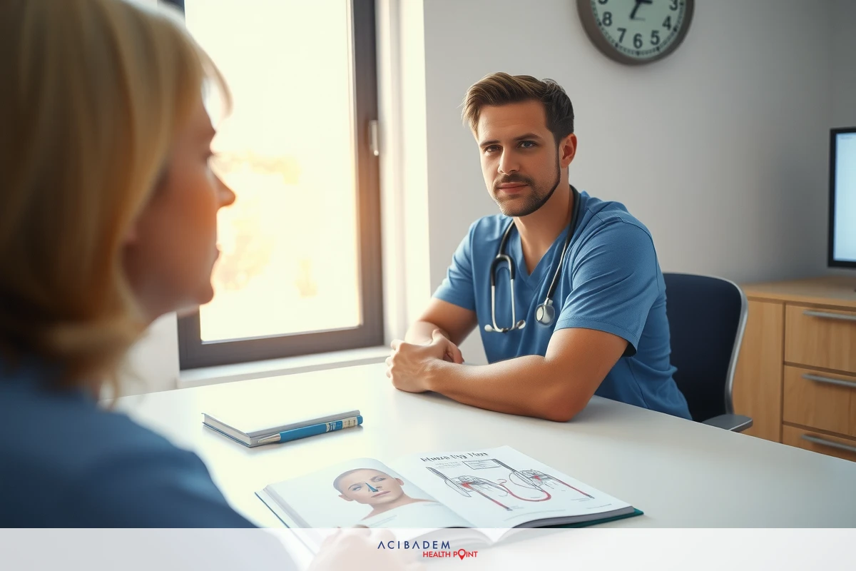 The image shows a medical professional sitting at a desk. There is a book with what appears to be medical images or diagrams on the desk, indicating a healthcare setting. The room has sunlight streaming in from a large window, providing a bright atmosphere.