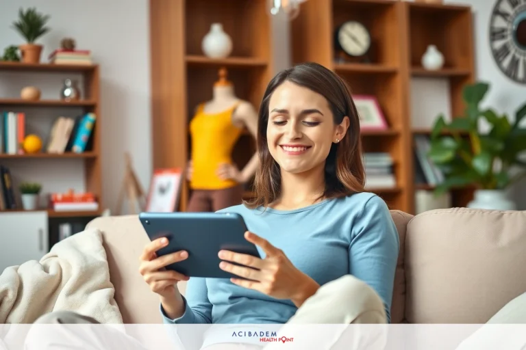 A woman in a home setting, sitting on a couch and looking at her tablet with interest. She is casually dressed in a gray top, and the room has modern furniture.