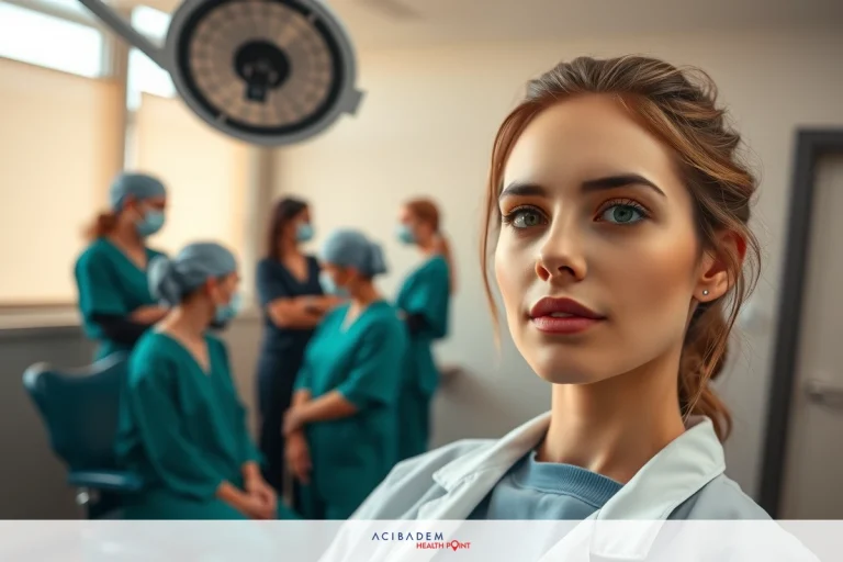 The image shows a woman in scrubs, likely a healthcare professional such as a doctor or nurse, standing within a hospital operating room setting. She is looking directly at the viewer with a serious expression. The room is equipped with medical equipment including an operating table and surgical lighting.
