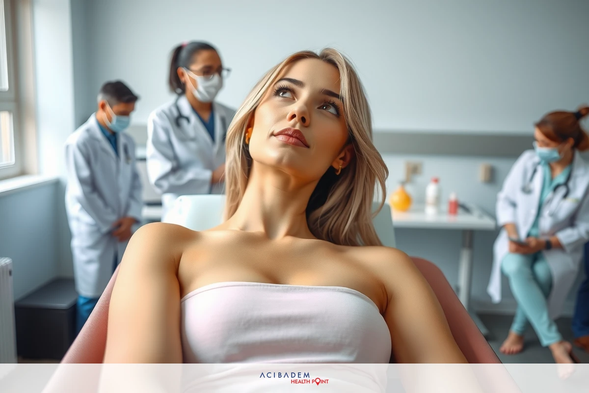 The image captures a young woman in the midst of an examination by medical professionals. She is seated comfortably in a pink chair, looking away from the camera. The doctors are clad in white coats and masks, indicating a serious healthcare setting. The environment is clinical and well-lit, suggesting a professional examination or consultation.