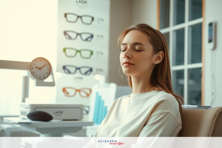 A woman is seated at a desk in an office environment, with her eyes closed and a peaceful expression on her face. The setting includes modern office elements.