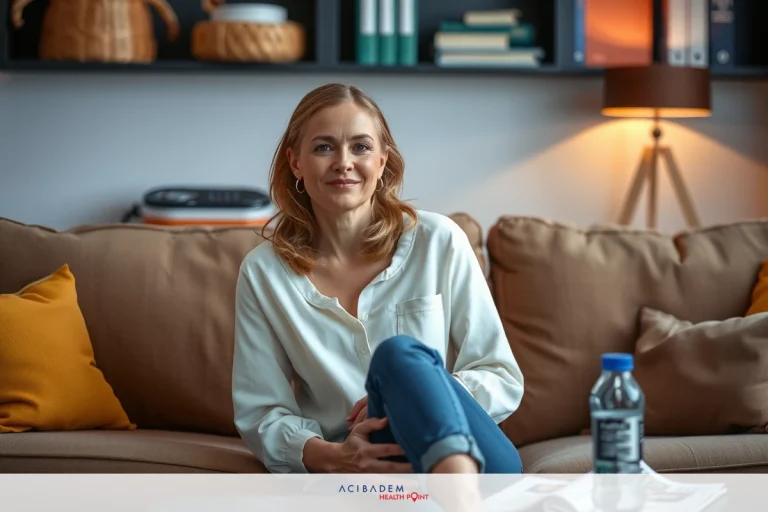 Woman sitting on a beige sofa, holding a water bottle. She is wearing casual clothing and looking towards the camera with a slight smile.