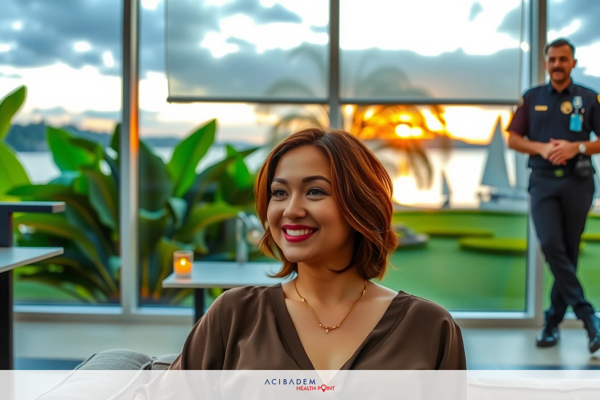 A woman in a brown top sits on the left side of a couch smiling at someone, possibly a camera person. Behind him is another person wearing a uniform. The setting suggests a luxurious setting, perhaps a resort or an ornate building overlooking a sunset view of the ocean.