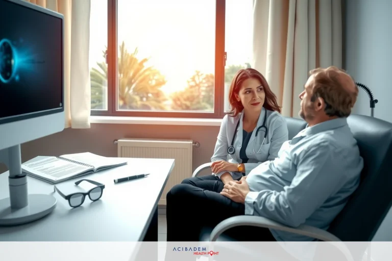 A young woman, possibly a doctor, in a white coat is sitting at a desk with her patient who appears to be older. They are seem to be engaged in a medical consultation. The room has sunlight streaming through the windows, providing a bright atmosphere.