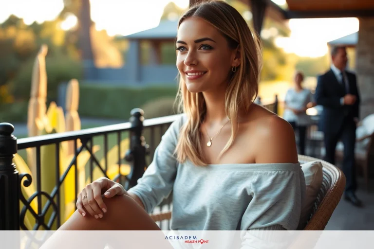 The painting depicts a woman sitting on an outdoor balcony. She is smiling and has her hand on her knee. The setting sun casts a warm light over the scene. There are other people in the background, suggesting that this could be a social gathering or event.