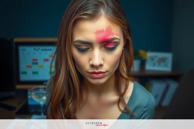 The image shows a woman in an office environment, with papers and a plant visible in the background. The woman has brown hair and appears to be focused or contemplating something.