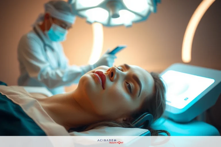 This is a staged medical scene. In the foreground, there is a woman lying down on what appears to be an operating table with her head turned towards the camera. She has a neutral expression on her face.