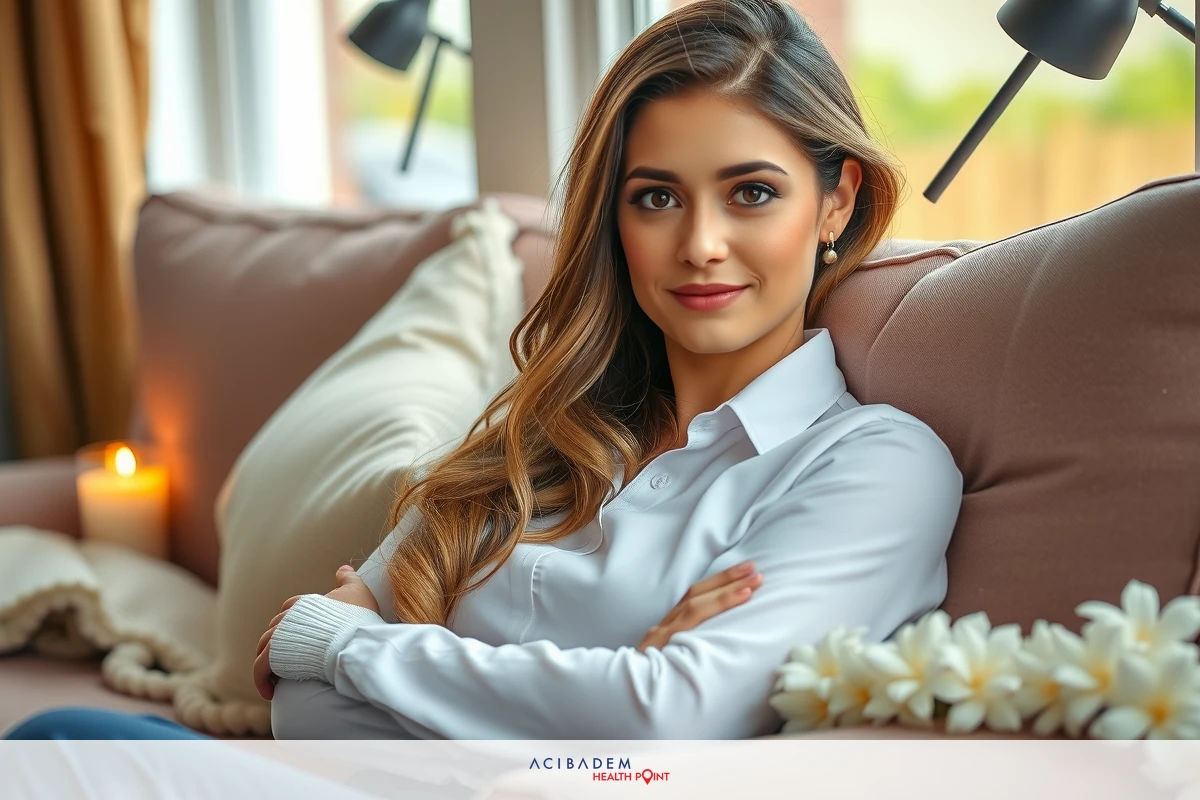 This is a portrait of a woman seated on a sofa. She has long hair and is wearing a white top with her arms crossed, giving a thoughtful expression. Behind her is an indoor setting with warm lighting and some decorative items that suggest a cozy home environment.