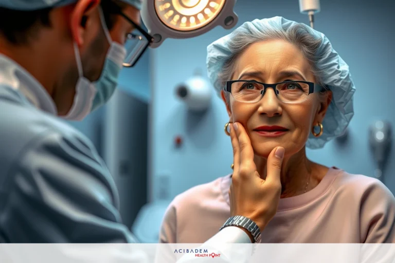 The image depicts a medical setting with two professionals wearing surgical attire, including masks and hairnets. One person is seated on an examination table.