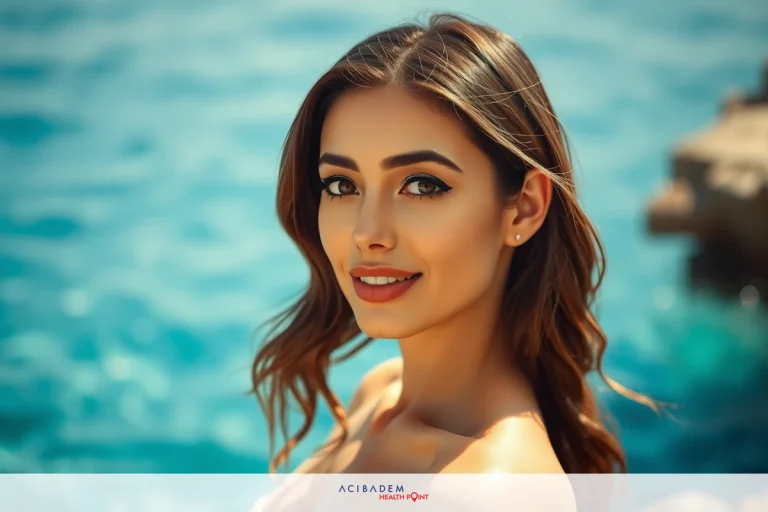 The image features a woman with long hair, wearing makeup and a light-colored top. She is posing in front of the ocean on a rocky outcropping, looking directly at the camera with a relaxed expression. The water appears calm and the sky is clear.